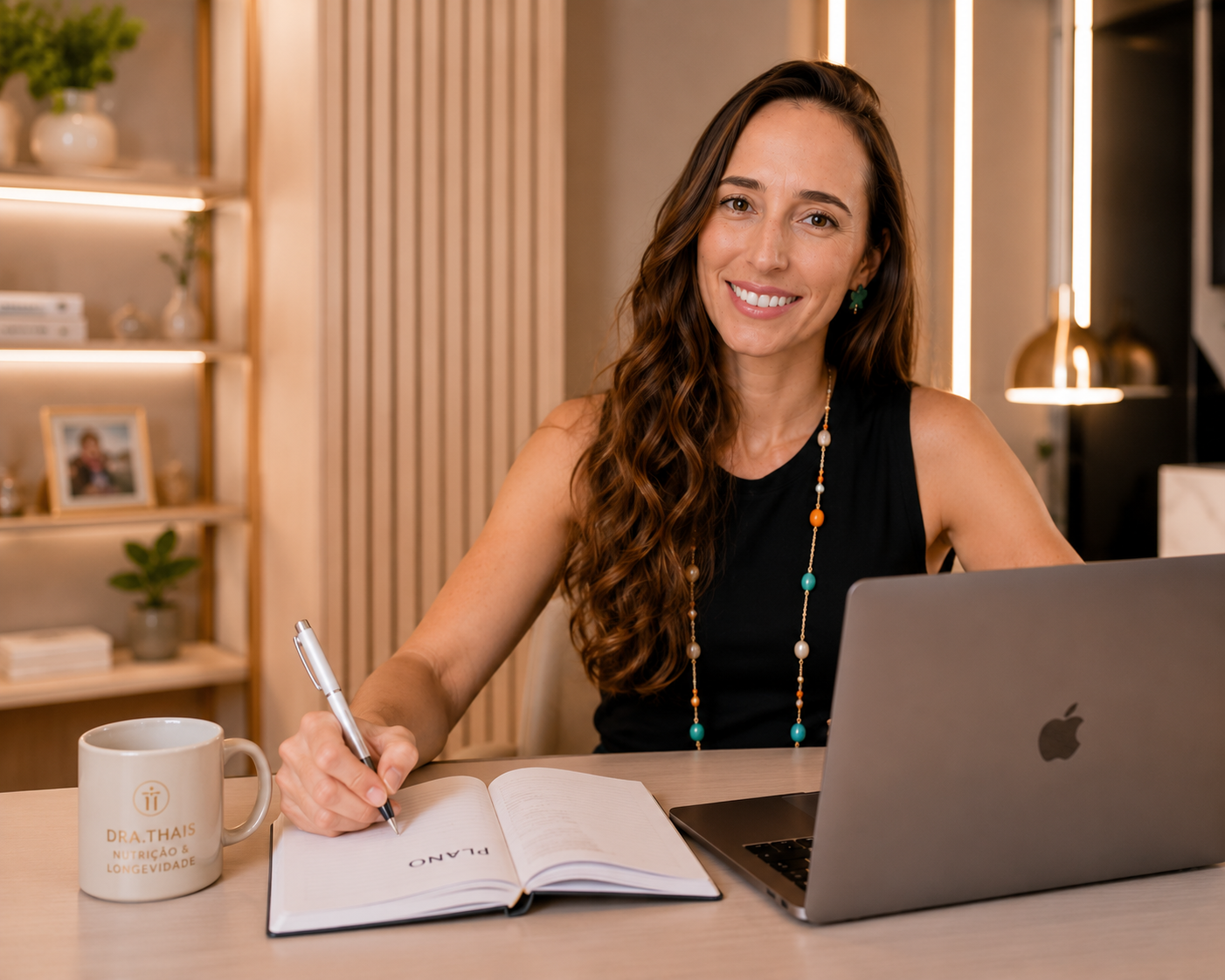 Thaís Brito planejando atendimento nutricional com notebook e planner